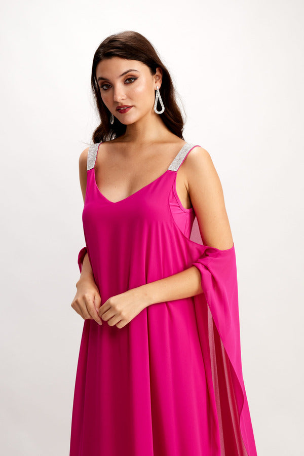 CHIFFON OVERLAY BRIGHT PINK DRESS WITH SEQUIN SHOULDER STRAPS 248003