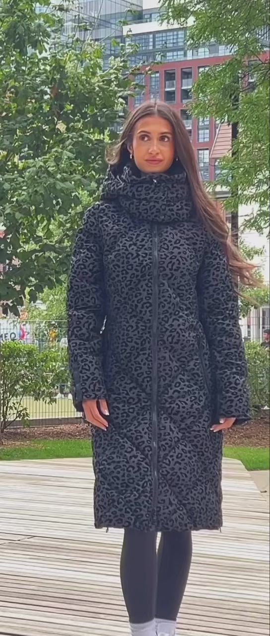 SAGA LONG VEGAN DOWN COAT | BLACK LEOPARD