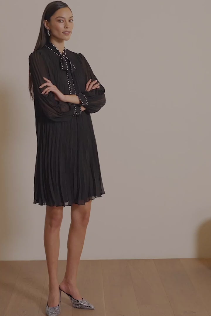 PLEATED CHIFFON ALINE DRESS WITH NECK TIE 254902