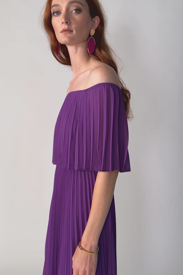 CHIFFON OFF THE SHOULDER PLEATED DRESS