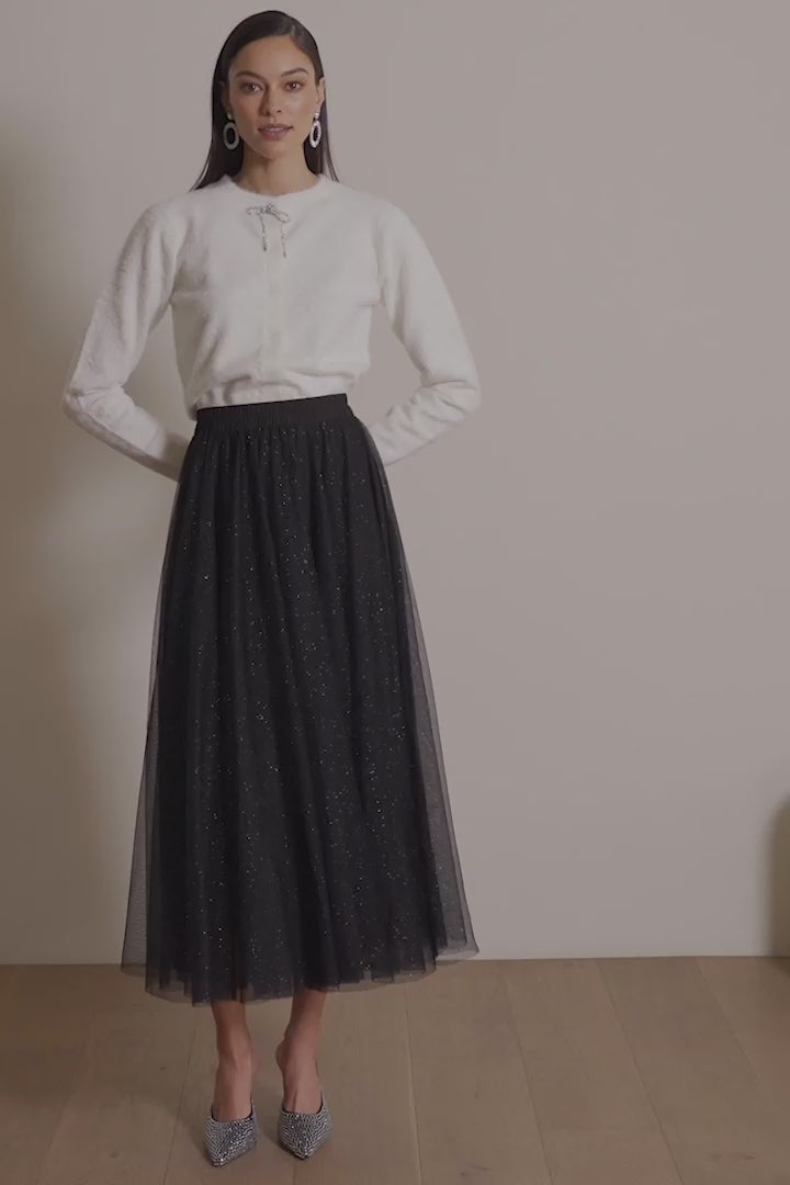 FEATHER YARN CARDIGAN WITH RHINESTONE BOW 254955