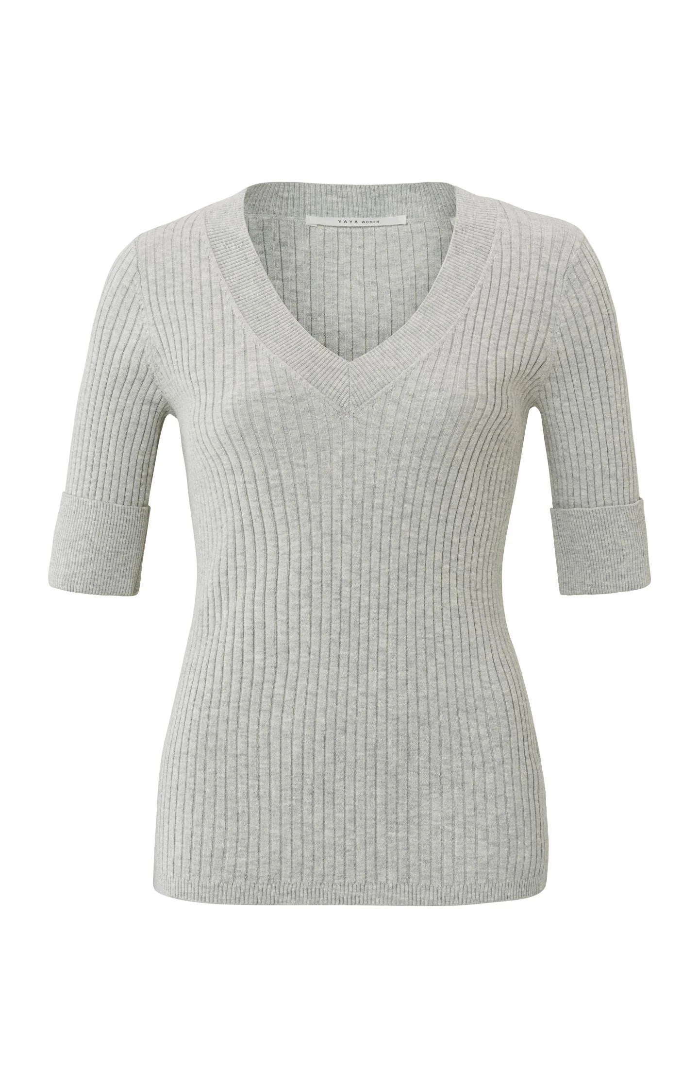 YAYA RIBBED SWEATER WITH V-NECK HALF SLEEVE IN GREY MELANGE YAYA RIBBED SWEATER WITH V-NECK HALF SLEEVE IN GREY MELANGE