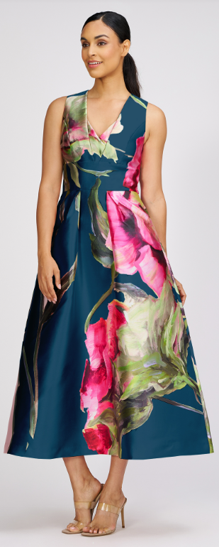 KAY UNGER REGINA TEA LENGTH DRESS BLUE OPAL