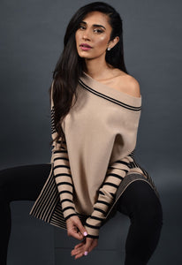 BEIGE AND BLACK OFF THE SHOULDER SWEATER PONCHO