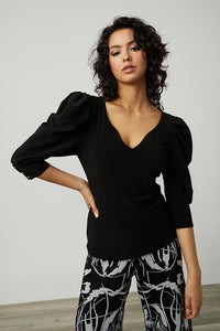 BLACK STRETCH NOVELTY TOP WITH PUFF SLEEVE