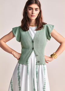 RIANI RUFFLE -SLEEVES KNITTED WAISTCOAT SWEATER AVAILABLE IN WHITE