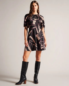 TED BAKER GILLIA ABSTRACT PRINTED MINI DRESS FIT AND FLARE WITH PUFF SLEEVE