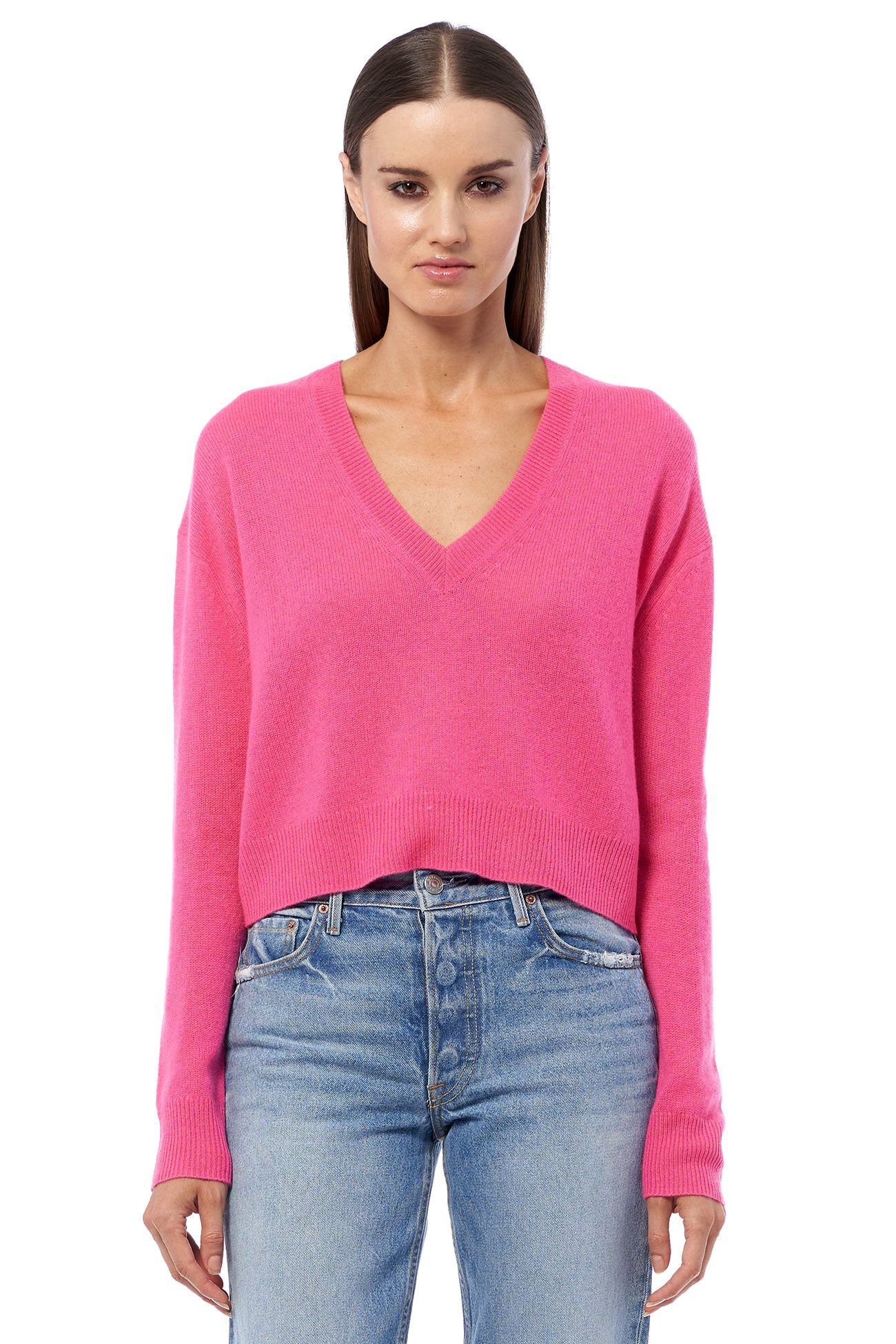 360 CASHMERE MARCY V-NECK CASHMERE SWEATER IN HISBISCUS