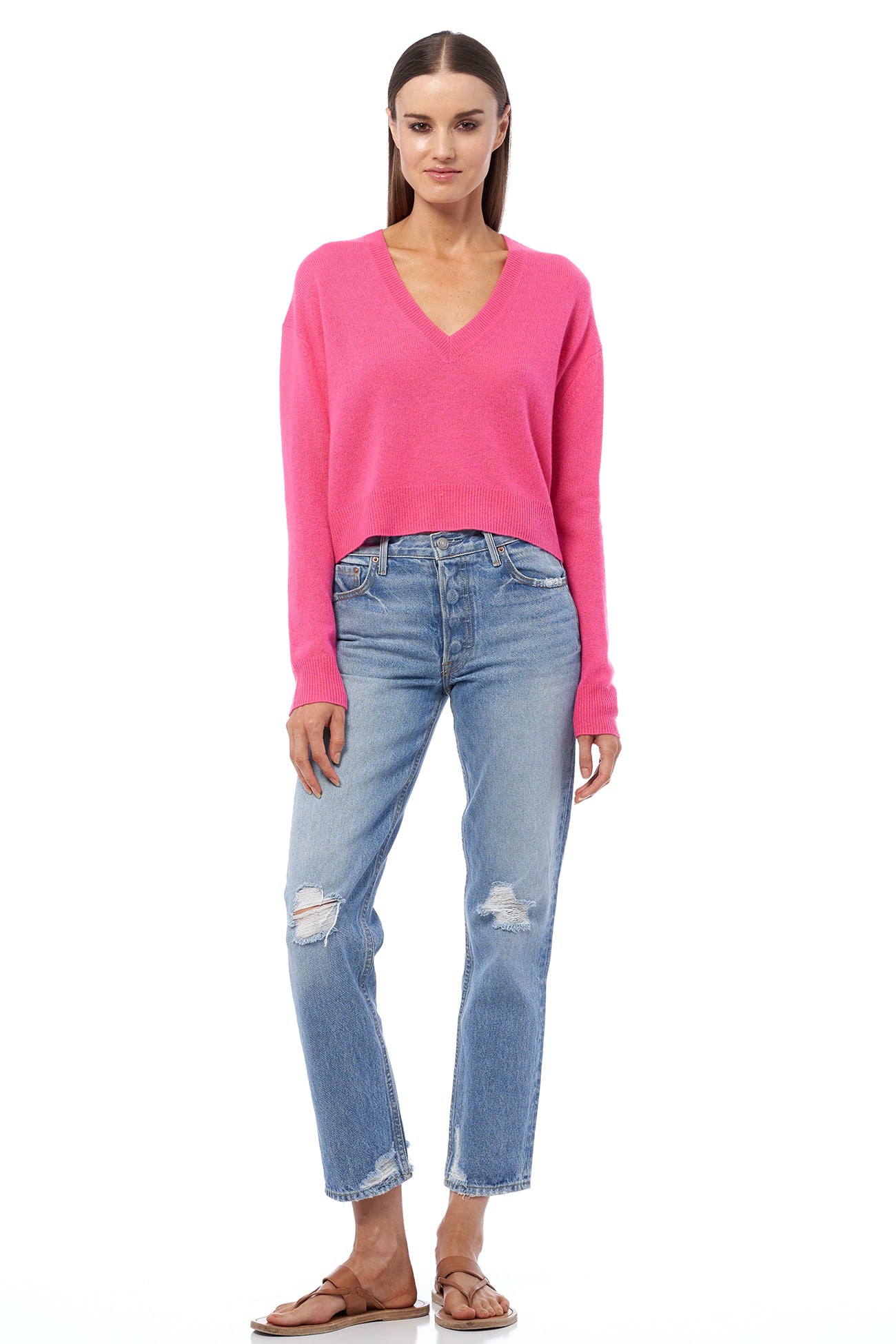 360 CASHMERE MARCY V-NECK CASHMERE SWEATER IN HISBISCUS