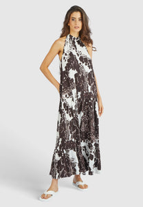MARC AUREL MAXI DRESS AND ABSTRACT FLOWER PRINT IN HOT ESPRESSO