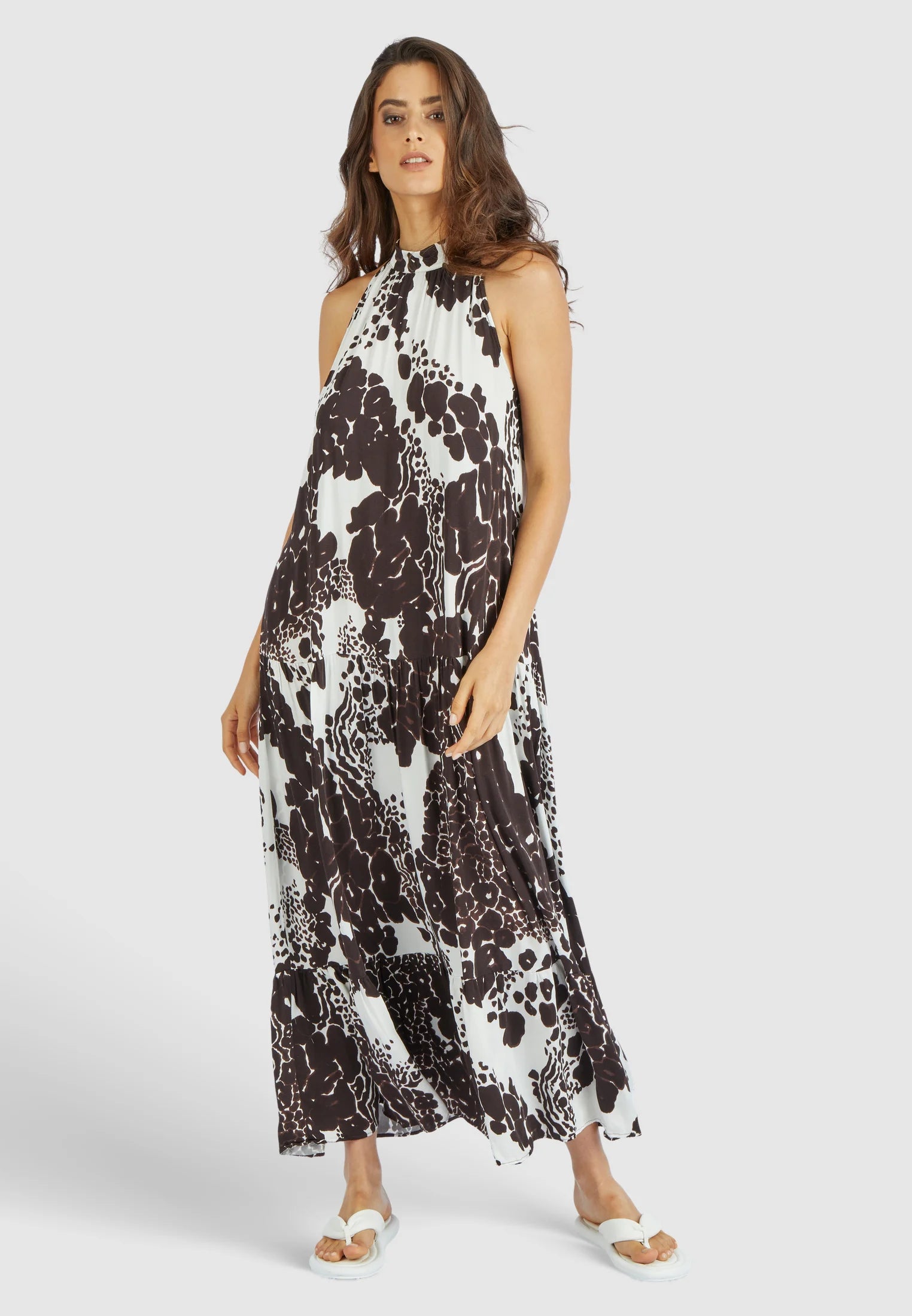 MARC AUREL MAXI DRESS AND ABSTRACT FLOWER PRINT IN HOT ESPRESSO