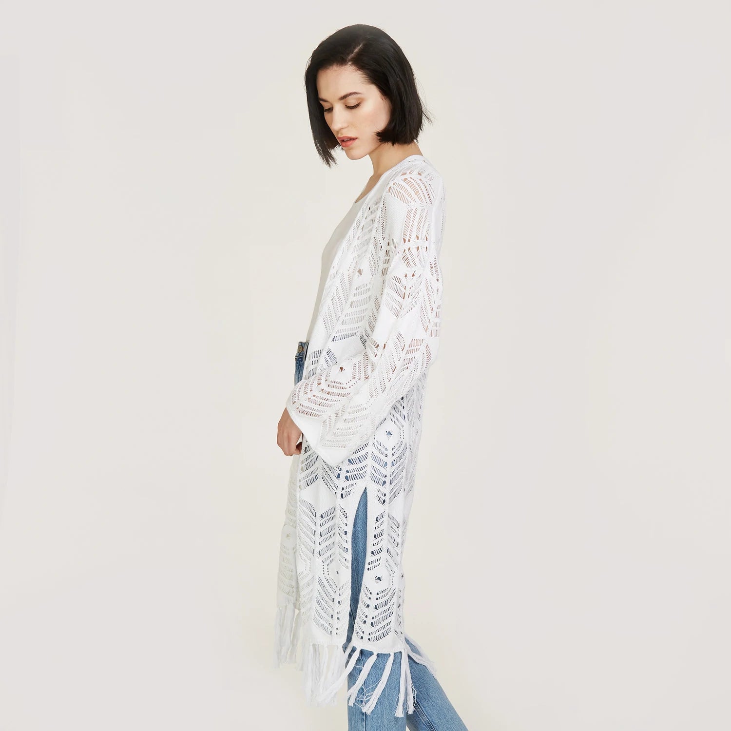 AUTUMN CASHMERE OPEN POINTELLE FRINGED MAXI DUSTER