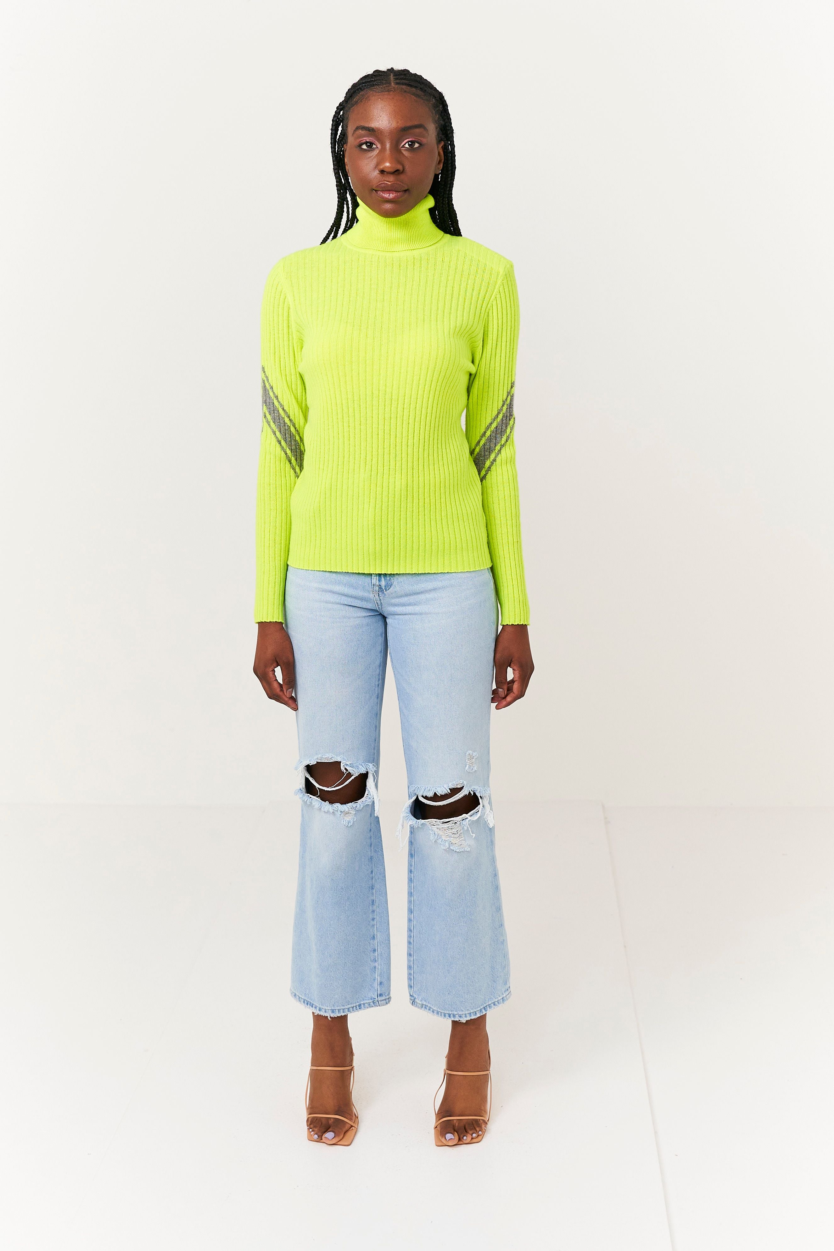 BRODIE CASMERE ROSA ROLL NECK SWEATER IN NEON/MID GREY