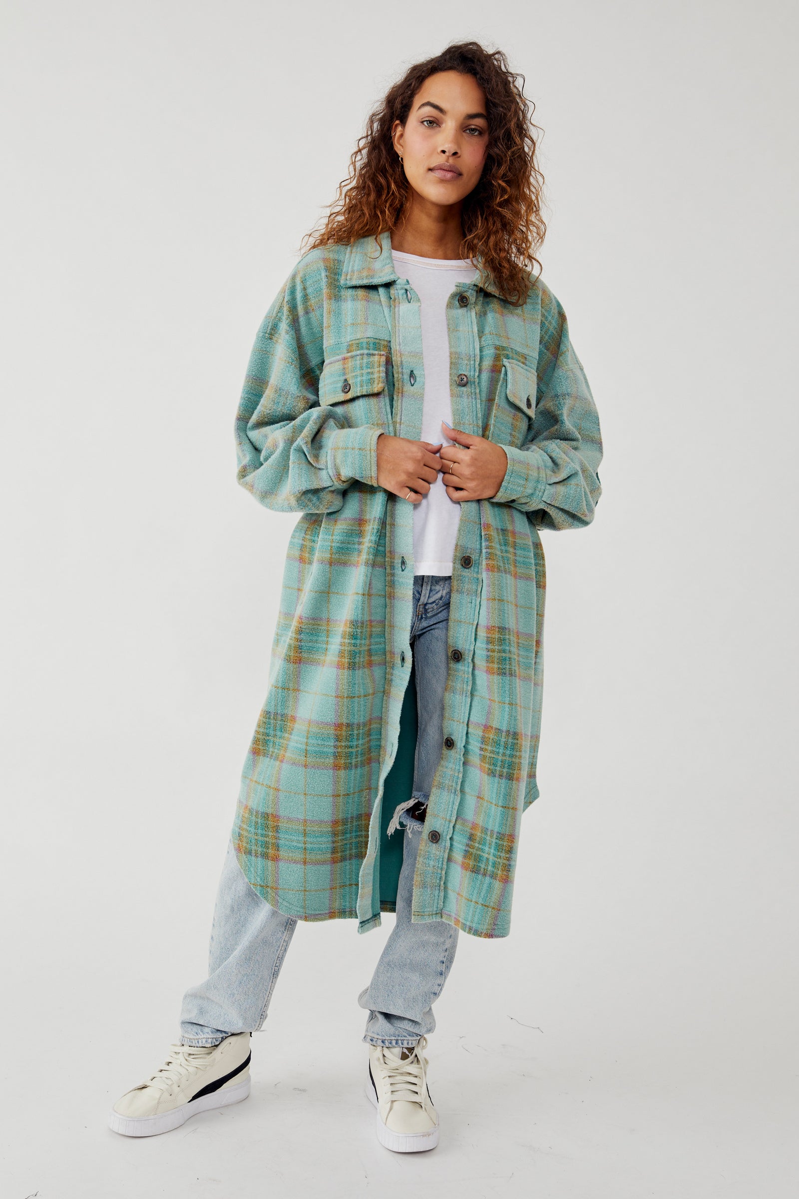 FREE PEOPLE PLAID LONG RUBY IN SAGE COMBO