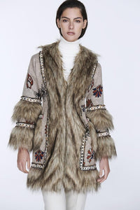 THE EXTREME COLLECTION BEIGE KNITTED FAUX FUR COAT UNKAS
