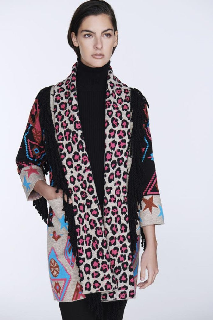 THE EXTREME COLLECTION BLACK KNITTED ANIMAL PRINT COAT BASTIAN