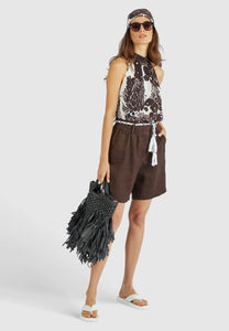 MARC AUREL TOP WITH ABSTRACT FLOWER PRINT IN HOT ESPRESSO