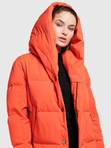 CREENSTONE LONG RIPSTONE DOWN COAT WITH COCOON HOOD IN LAVA RED