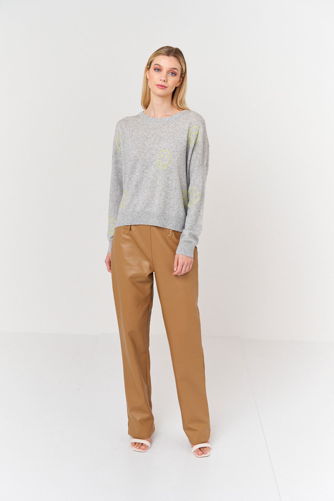 BRODIE CASHMERE NEON YELLOW SMILEY STITCH CREW